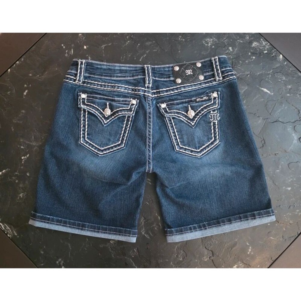 Miss Me Signature Denim Bermuda Shorts Womens 33 Dark Wash Rhinestone Stitch Y2K